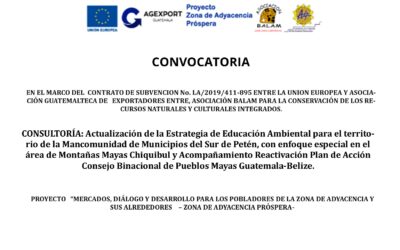 CONSULTORÍA: Actualización de la Estrategia de Educación Ambiental para el territorio de la Mancomunidad de Municipios del Sur de Petén, con enfoque especial en el área de Montañas Mayas Chiquibul y Acompañamiento Reactivación Plan de Acción Consejo Binacional de Pueblos Mayas Guatemala-Belize  